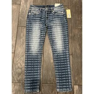 NWT MISS ME "ALL OVER" LOGO PRINT LOW-RISE SKINNY JEANS- 30x29